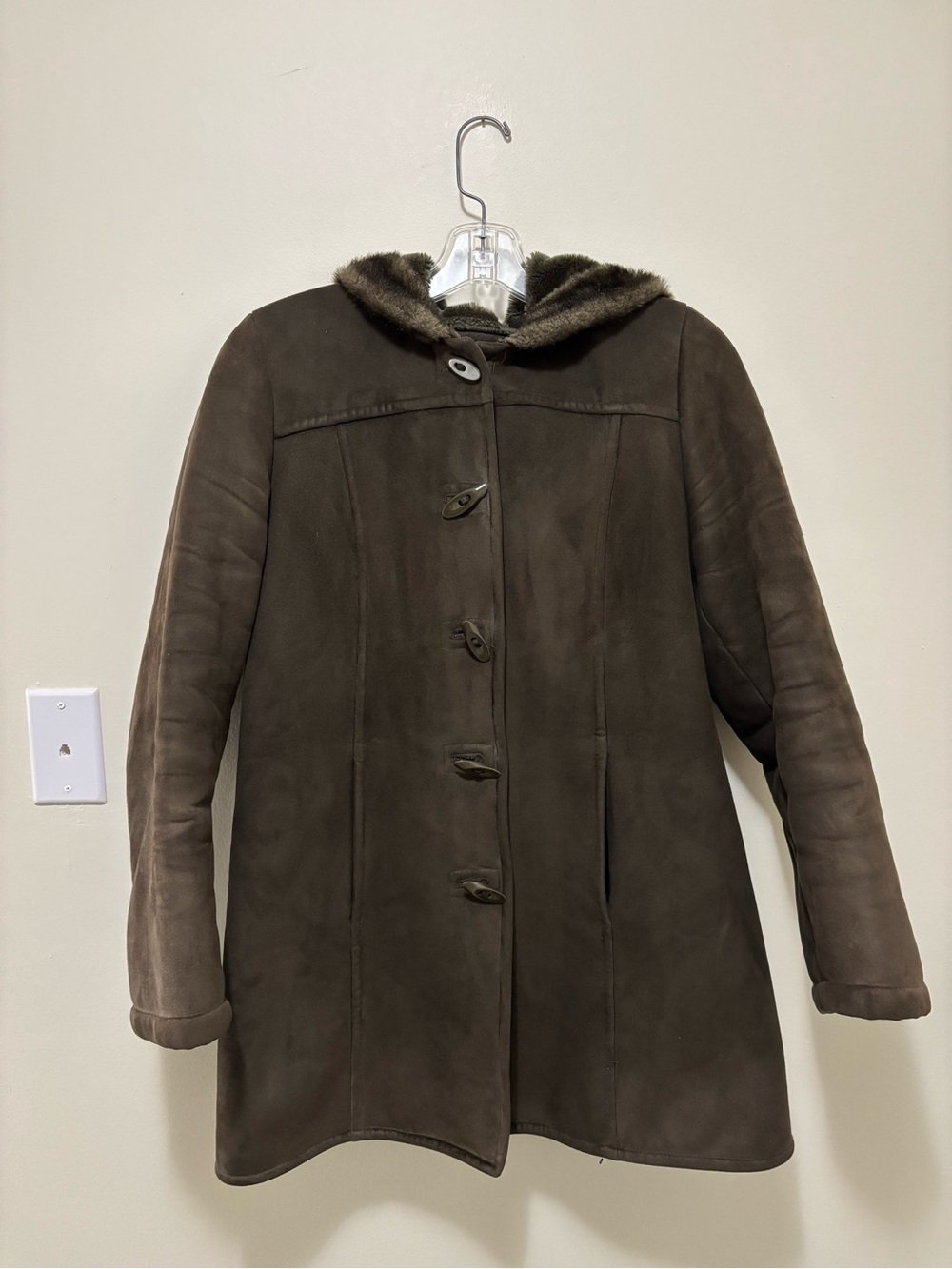 Liz Claiborne Women's Medium Olive Green Faux Suede Sherpa Lined Hooded Toggle